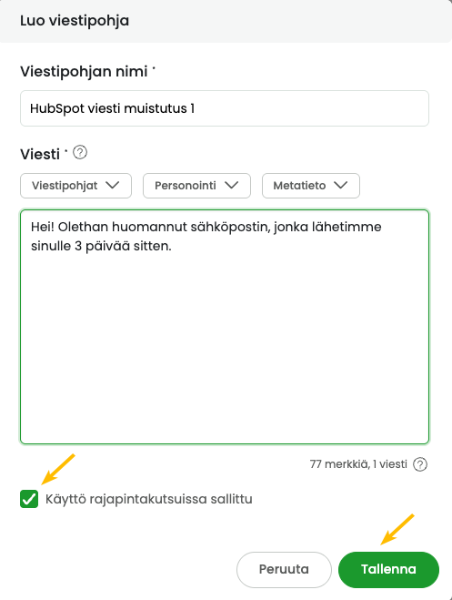 SMS viestipohja HubSpot automaatioihin.