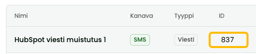 SMS viestipohja HubSpot automaatioihin.