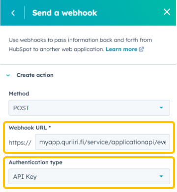 HubSpot webhook Quriiri API key