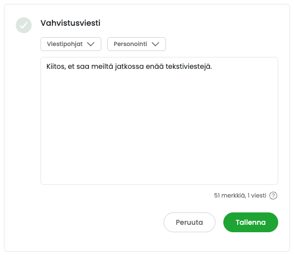 Estolistan vahvistusviesti.
