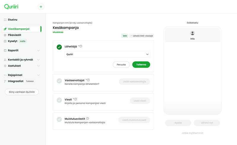 Ryhmätekstiviestin lähettäminen kohderyhmälle SMS-kampanjan lähettäjätieto.