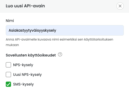 Luo uusi SMS-kyselyn API-avain